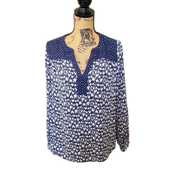 NYDJ Small Navy & White Heart Print Polkadot Contrast Pullover Blouse - Picture 1 of 3